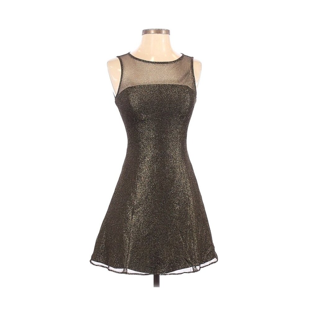 EUC Aidan by Aidan Mattox Size 2 Cocktail Gold Shimmer Sheer Neckline Fit Flare